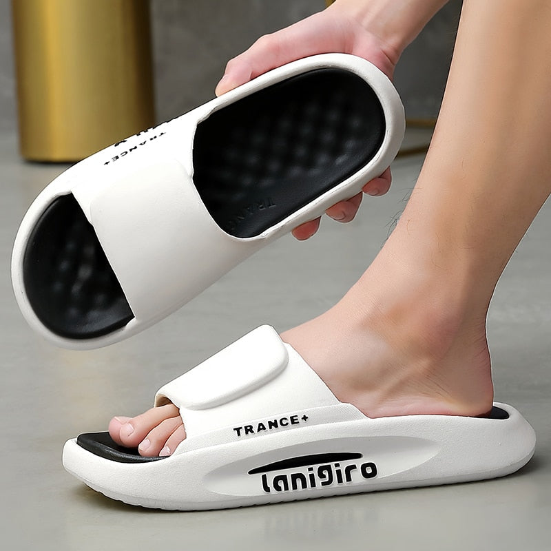 Black and White Trance Slipper Slides on feet